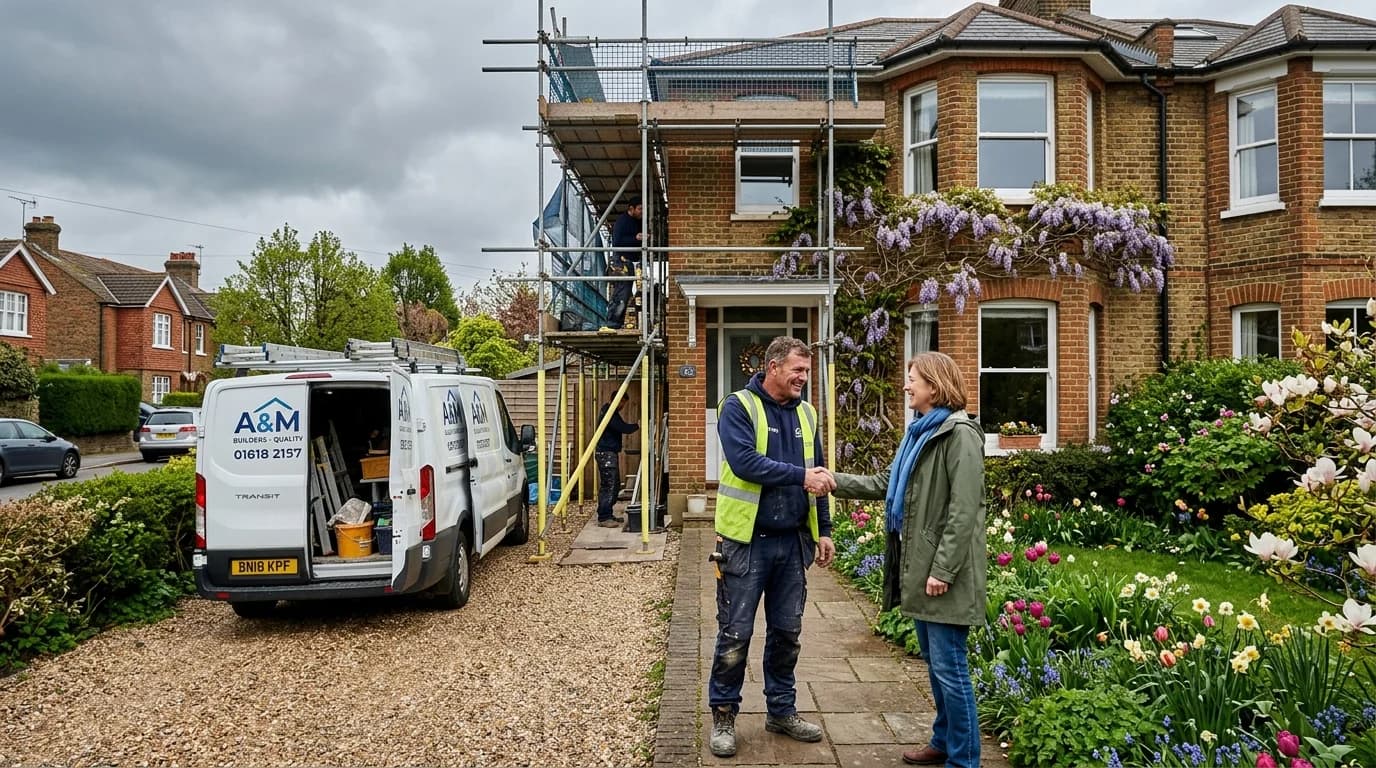 Builder and homeowner outside a British home during renovation