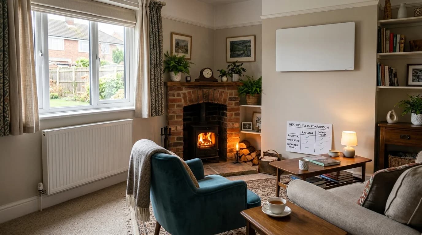 British living room showing different heating methods including radiator and wood burner