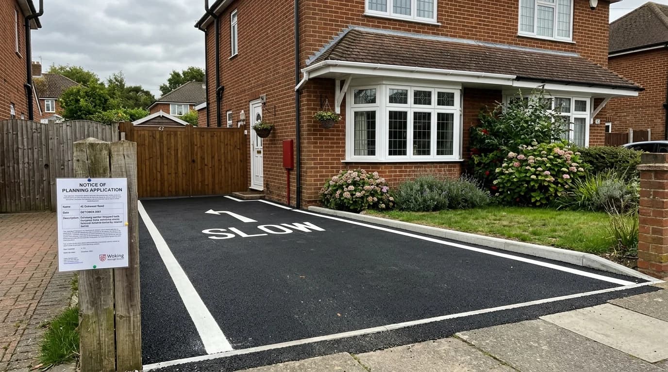 Newly tarmacked driveway with planning notice at a British home