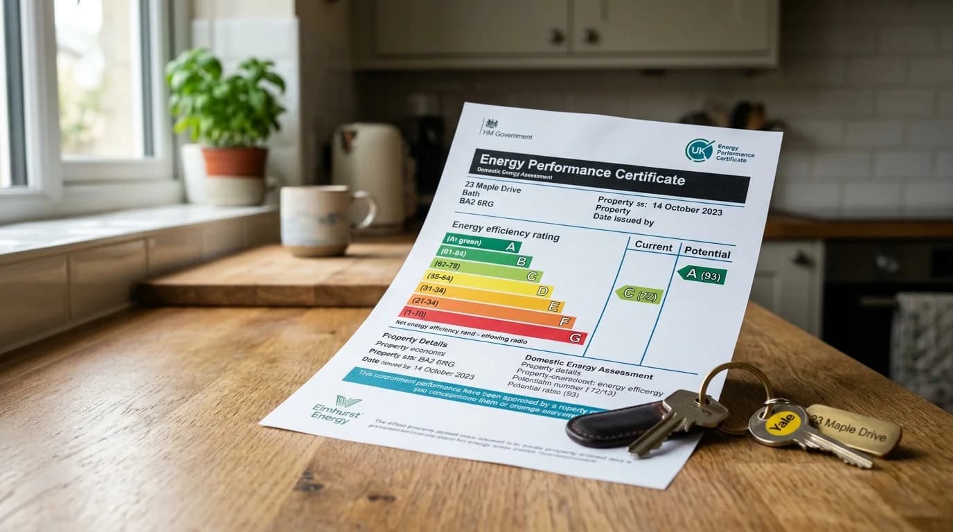 Energy Performance Certificate with house keys on a kitchen worktop