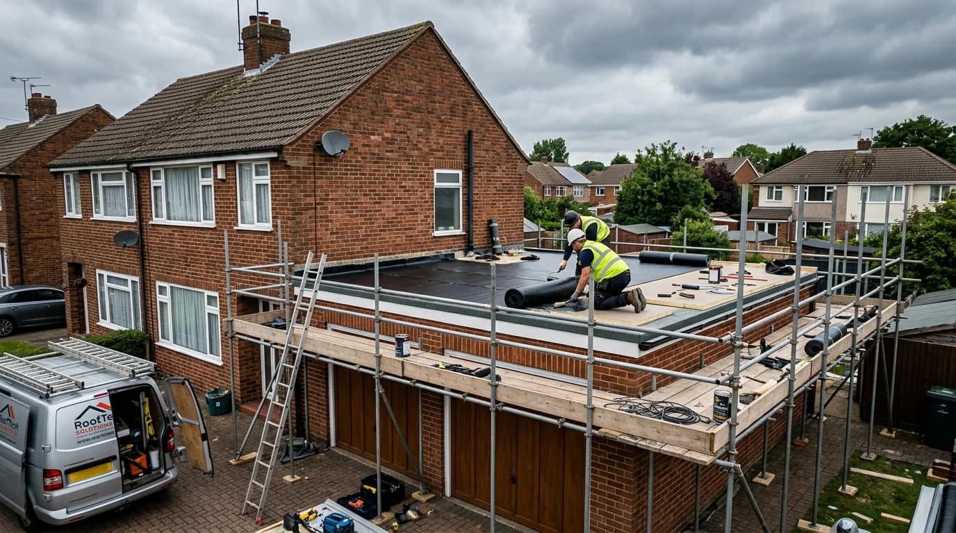 Workers replacing a garage flat roof with EPDM membrane