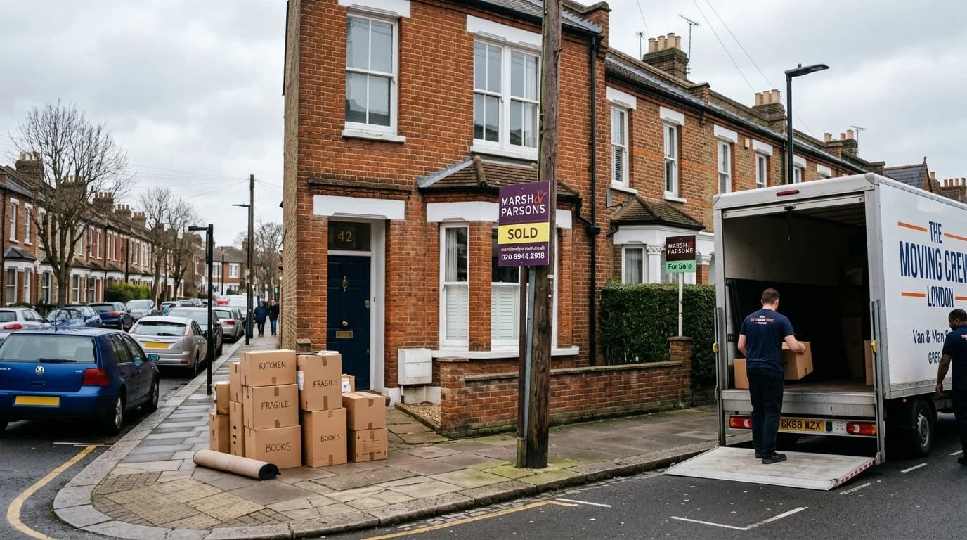 British terraced house with sold sign and removal van