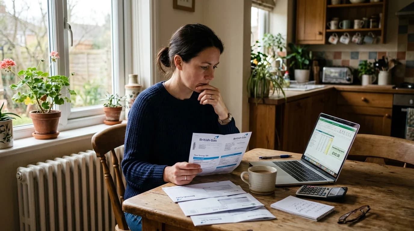 Homeowner reviewing energy bills at a kitchen table