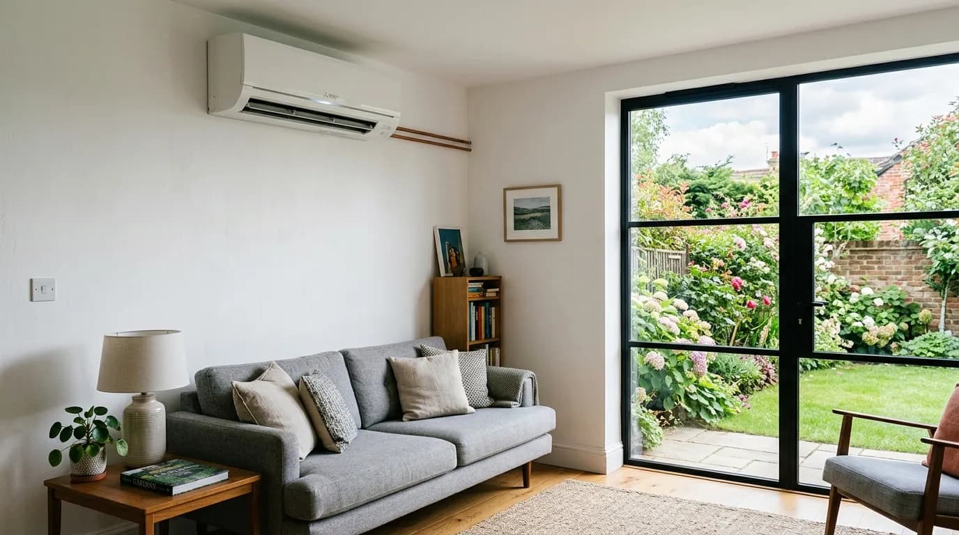 Split system air conditioning unit installed in a modern UK home