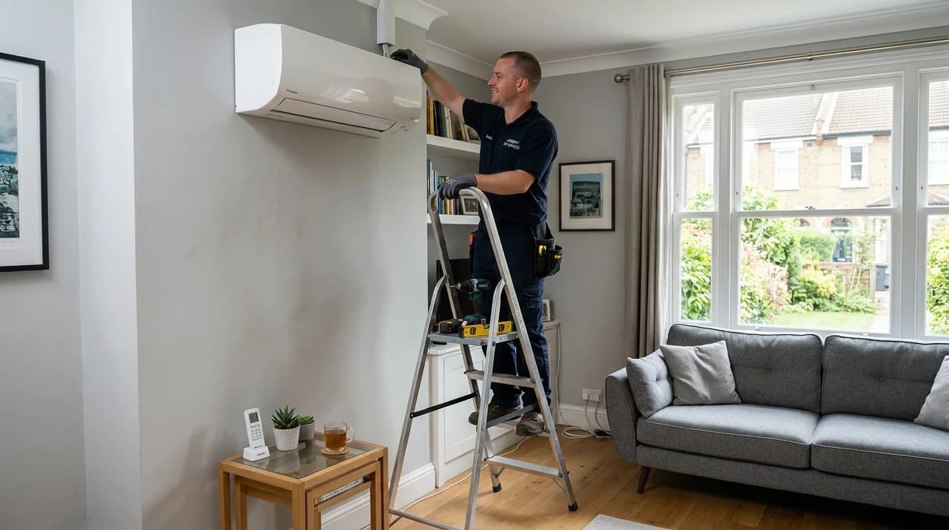 Engineer installing an air conditioning split unit in a British living room