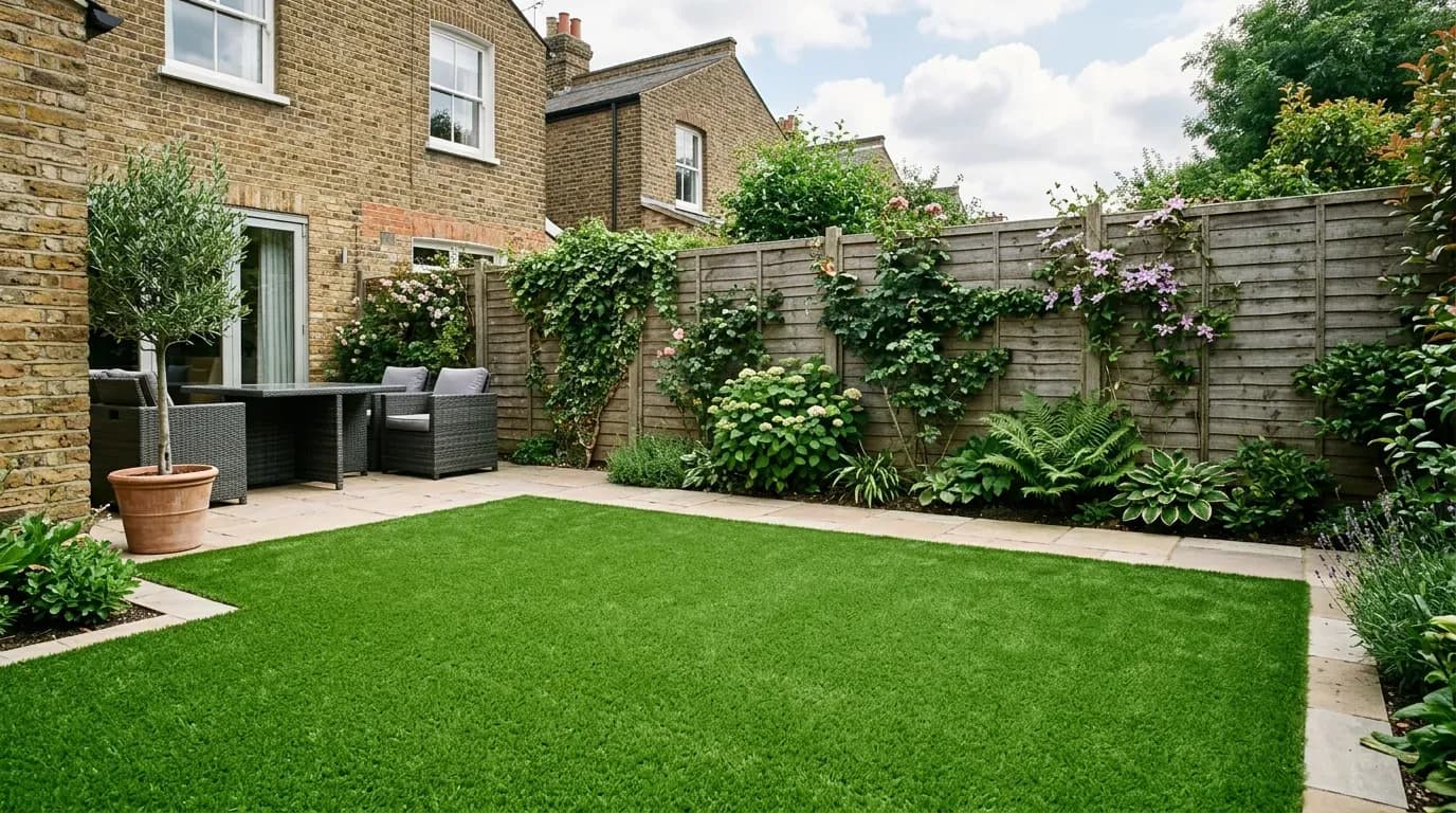 Neat artificial grass lawn in a British back garden