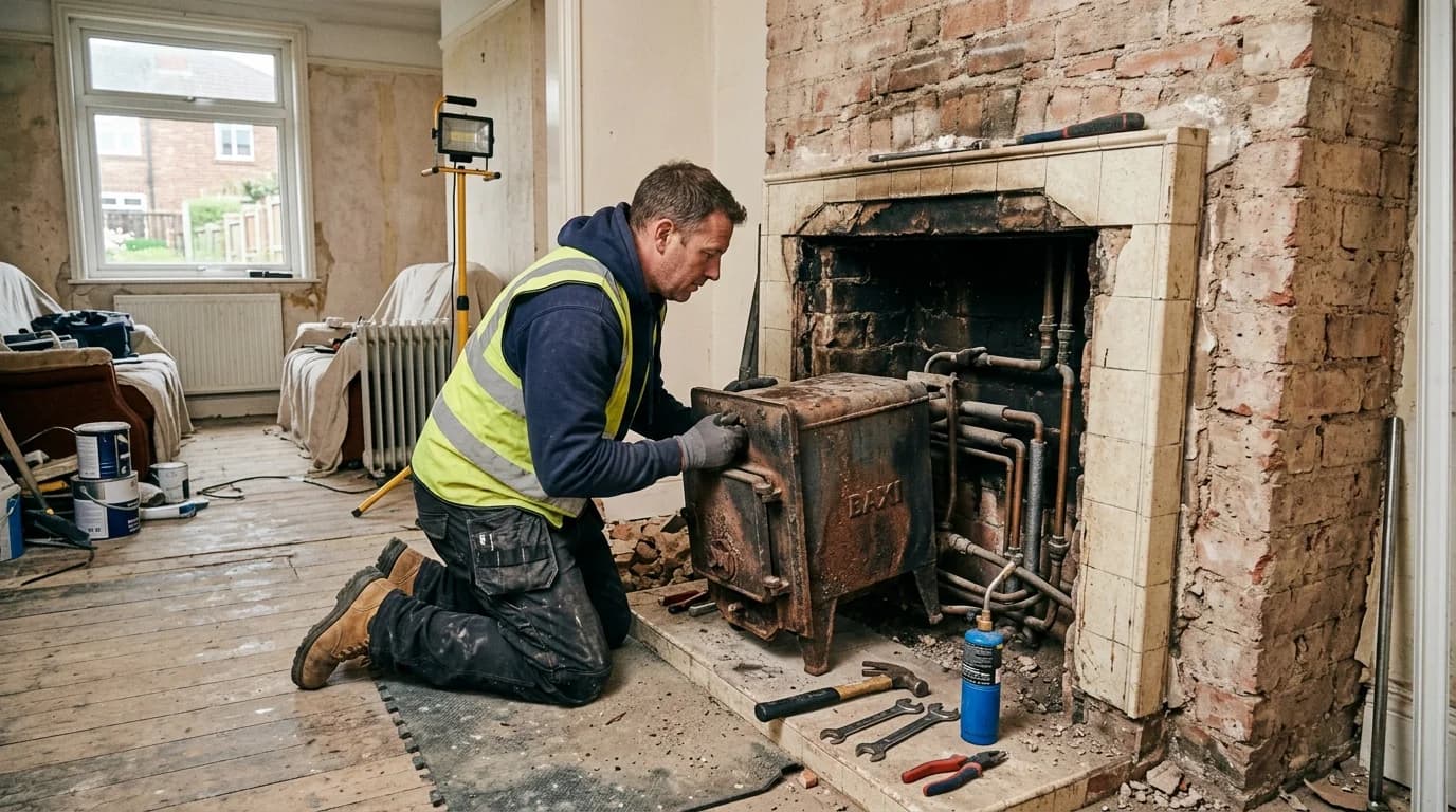Heating engineer removing an old back boiler from a fireplace in a British home