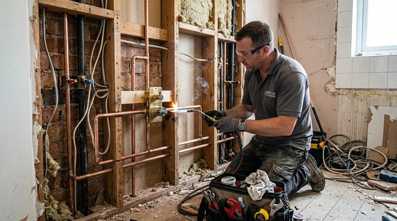 Plumber soldering copper pipework during a bathroom first-fix