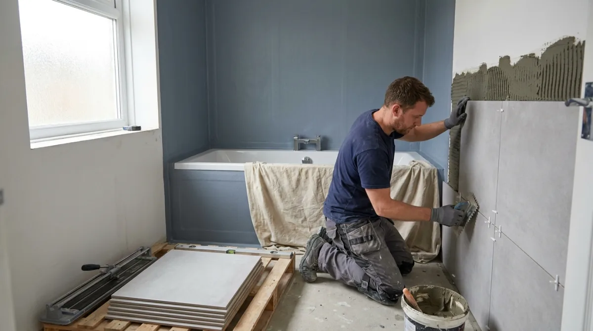 Bathroom renovation in progress with new tiling being fitted