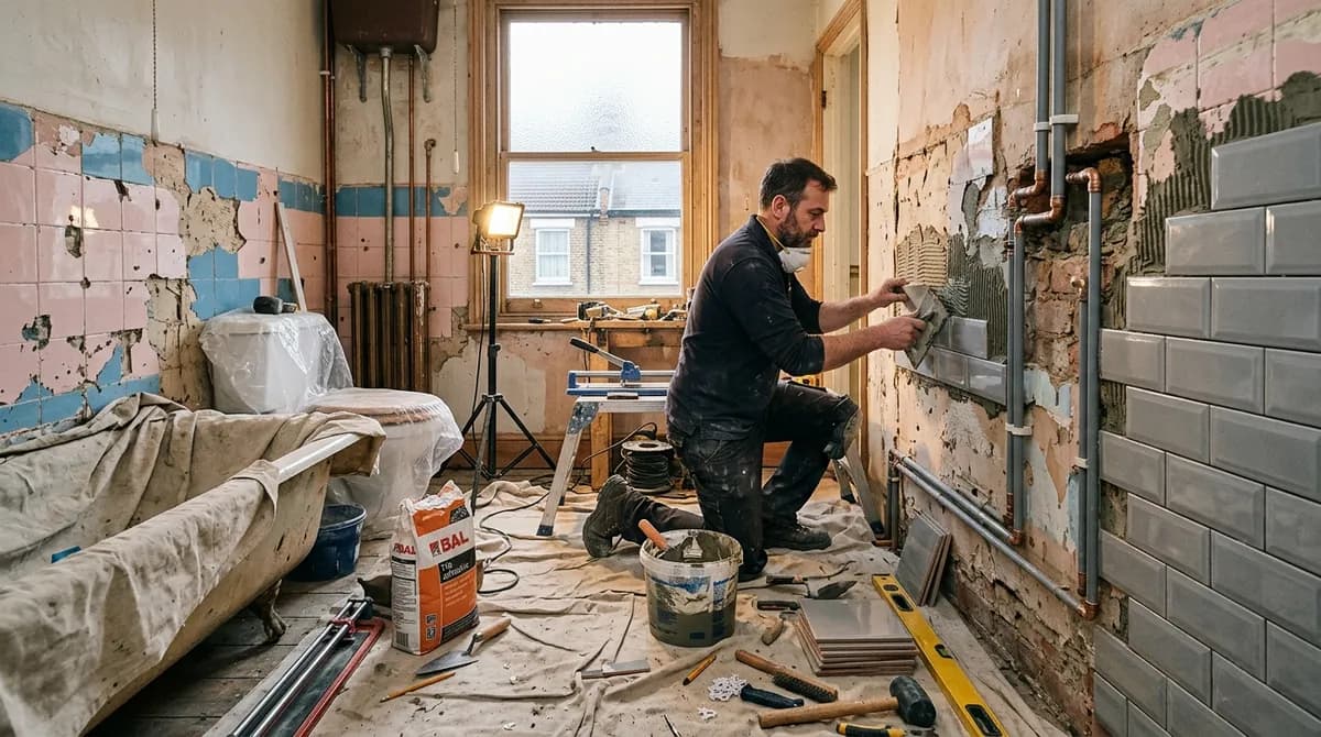 Bathroom renovation in progress with new tiling being fitted
