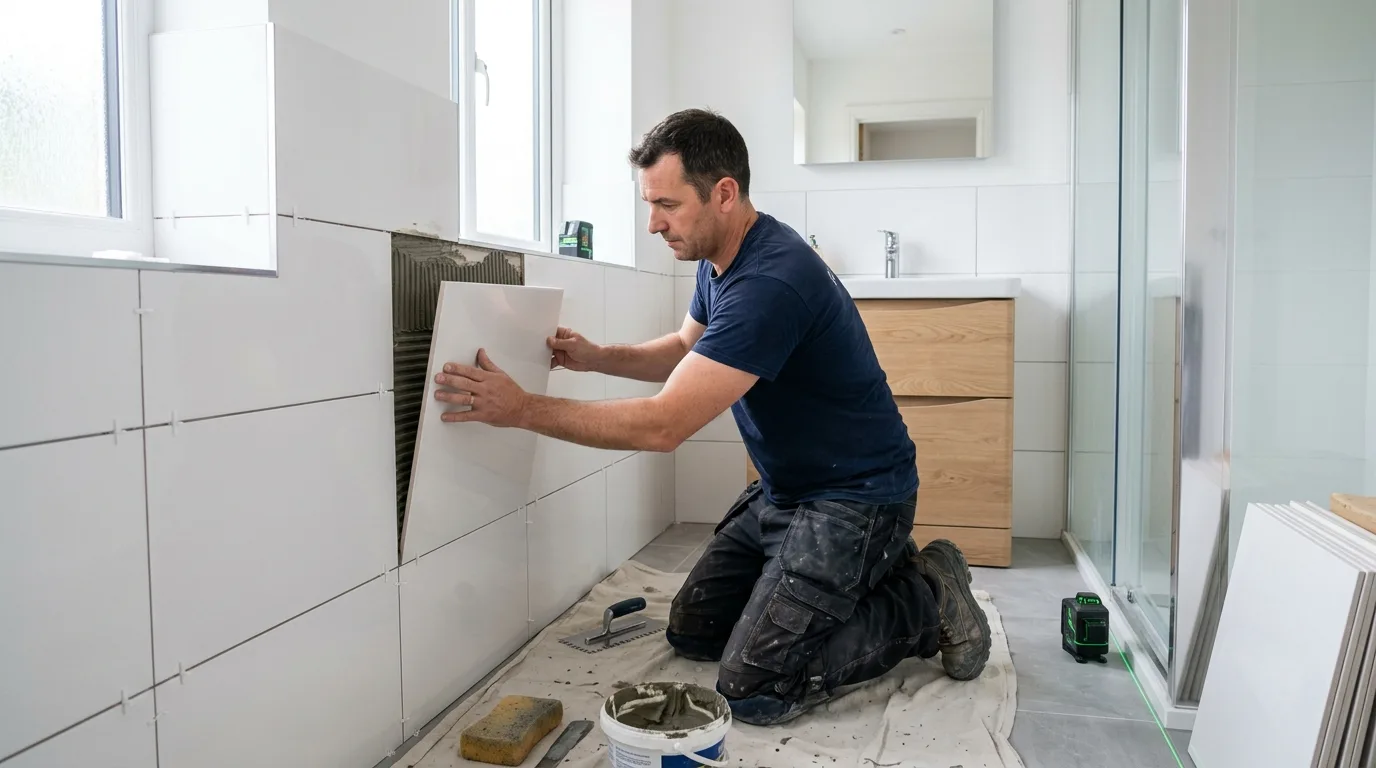 Tiler laying large format tiles on a bathroom wall
