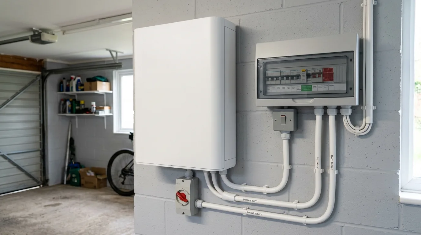 Home battery storage system mounted on a garage wall in a UK home