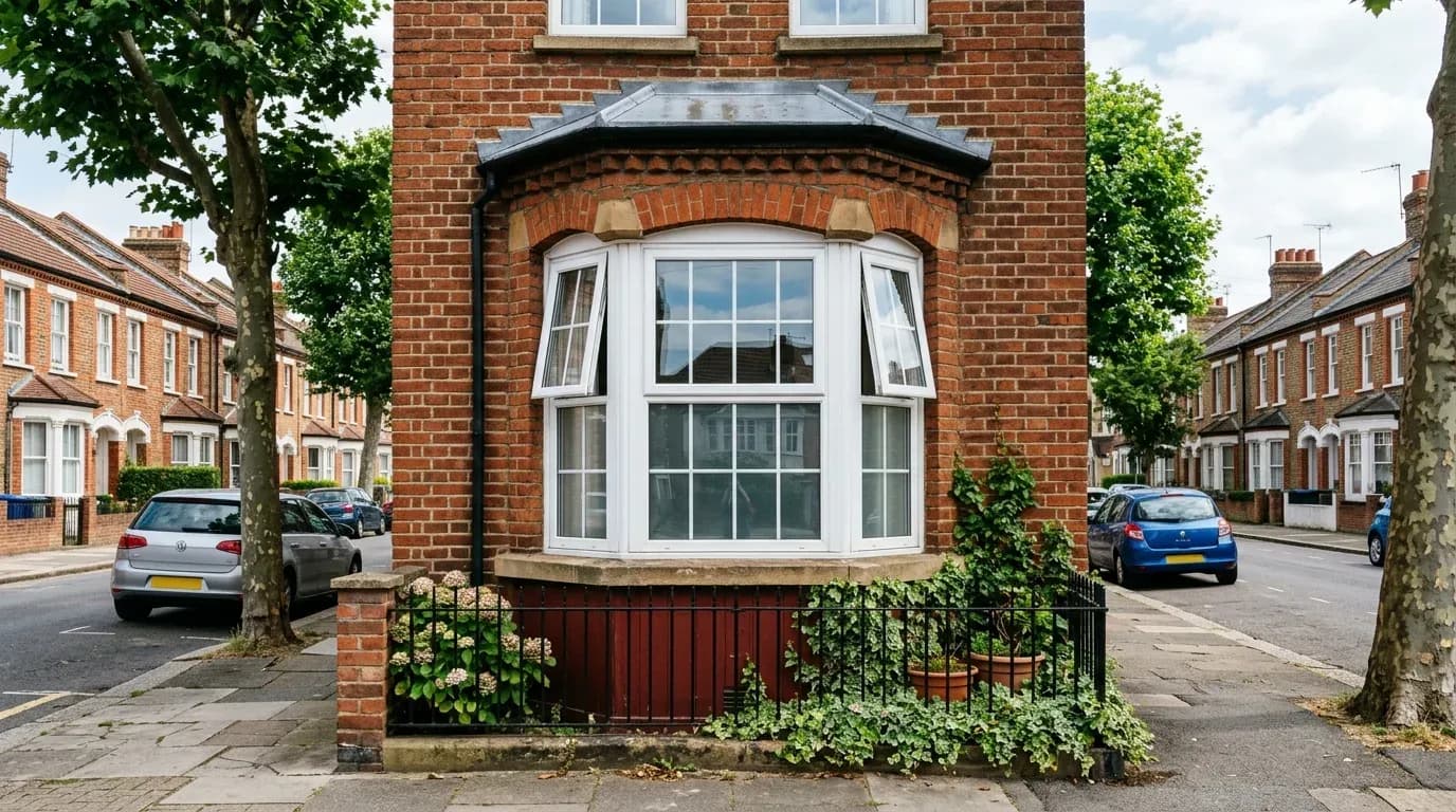 Modern bay window with uPVC frames on the front of a British semi-detached house