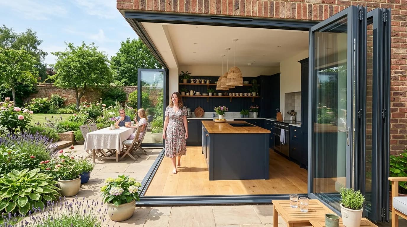Aluminium bi-fold doors fully open to a British garden