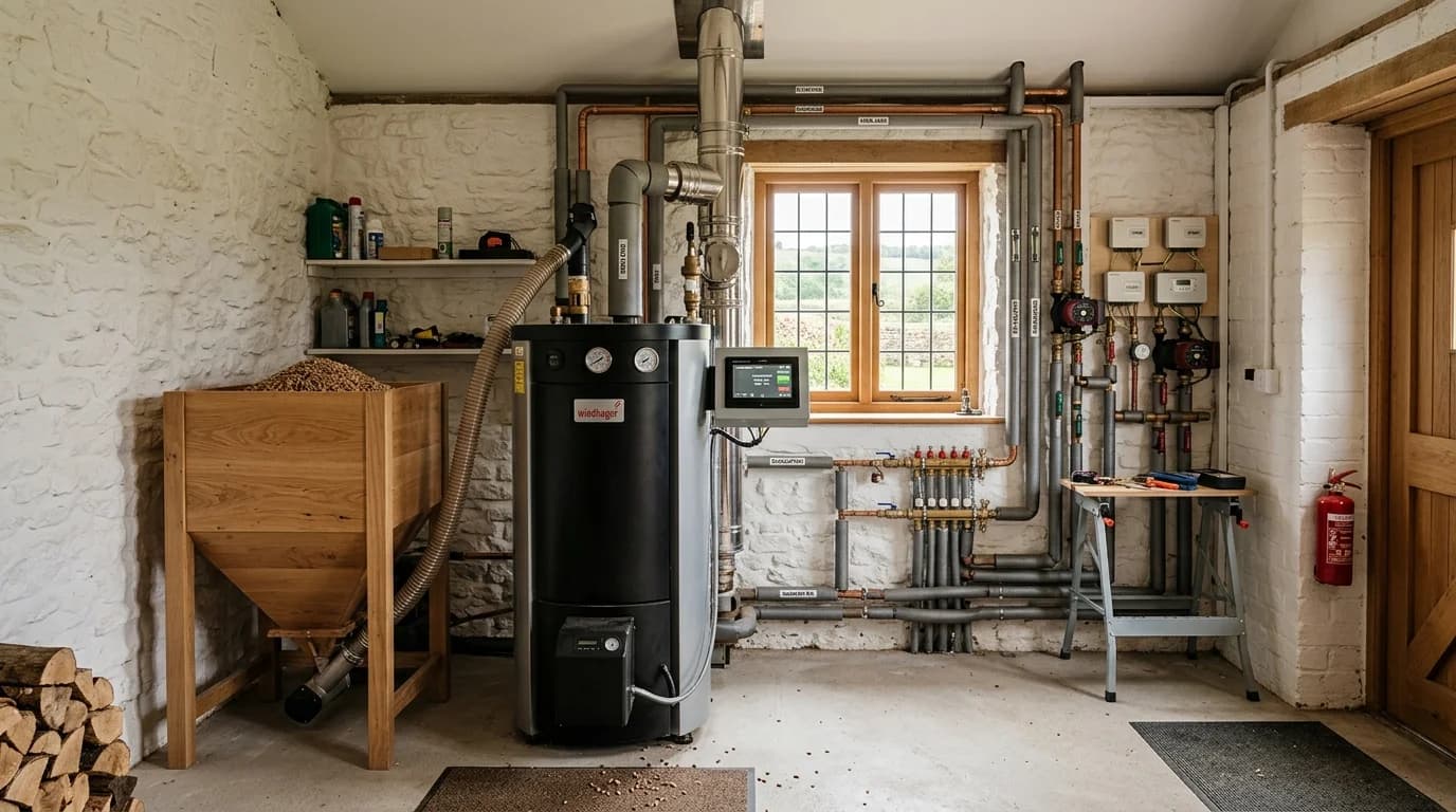 Biomass boiler with wood pellet hopper installed in a British rural property