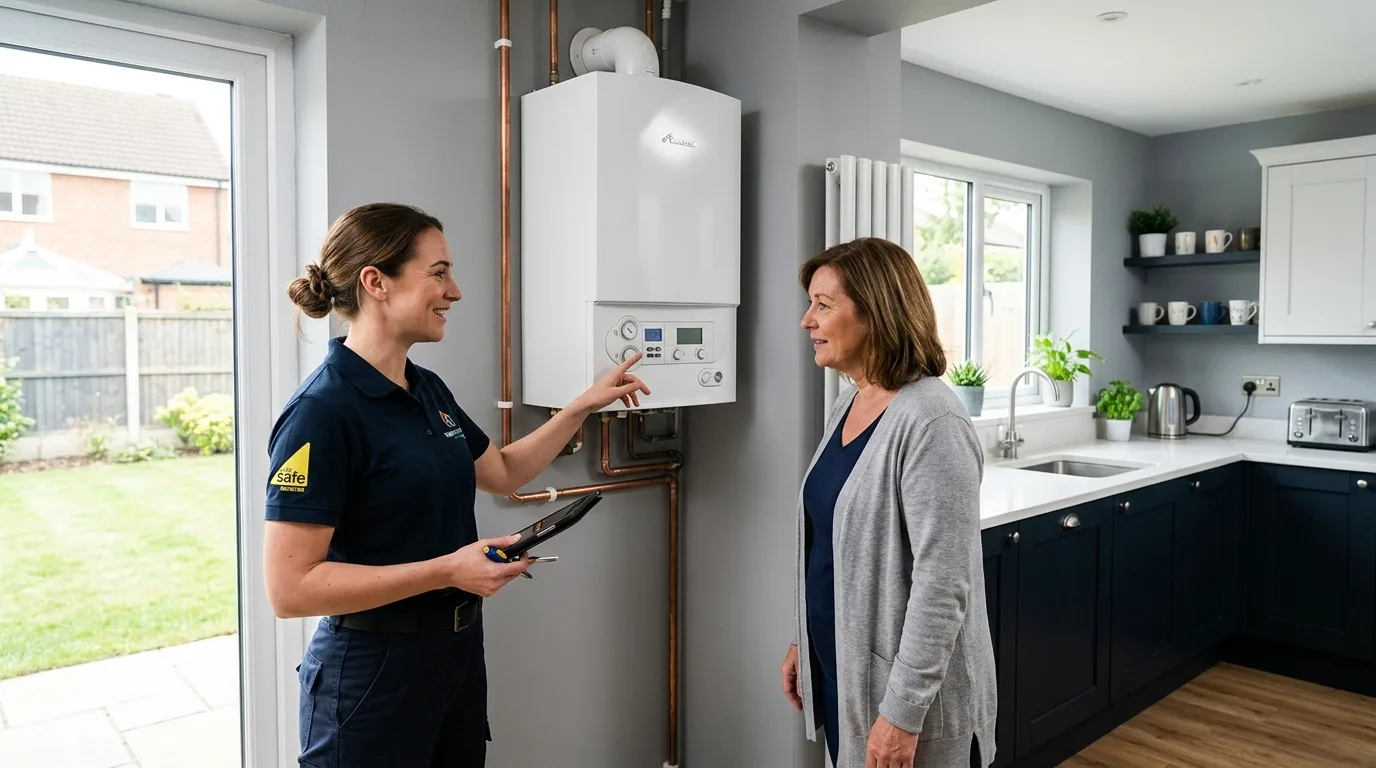 Heating engineer explaining a new combi boiler to a homeowner in a British kitchen