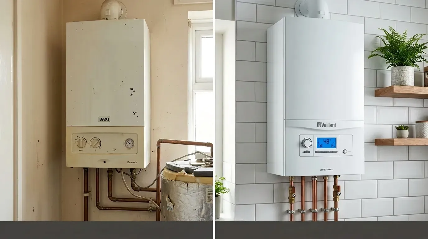 Old boiler compared with a modern energy-efficient replacement