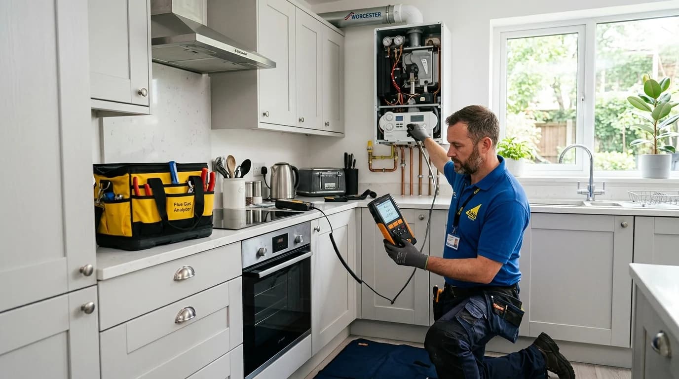 Gas Safe engineer servicing a boiler with a flue gas analyser in a UK home