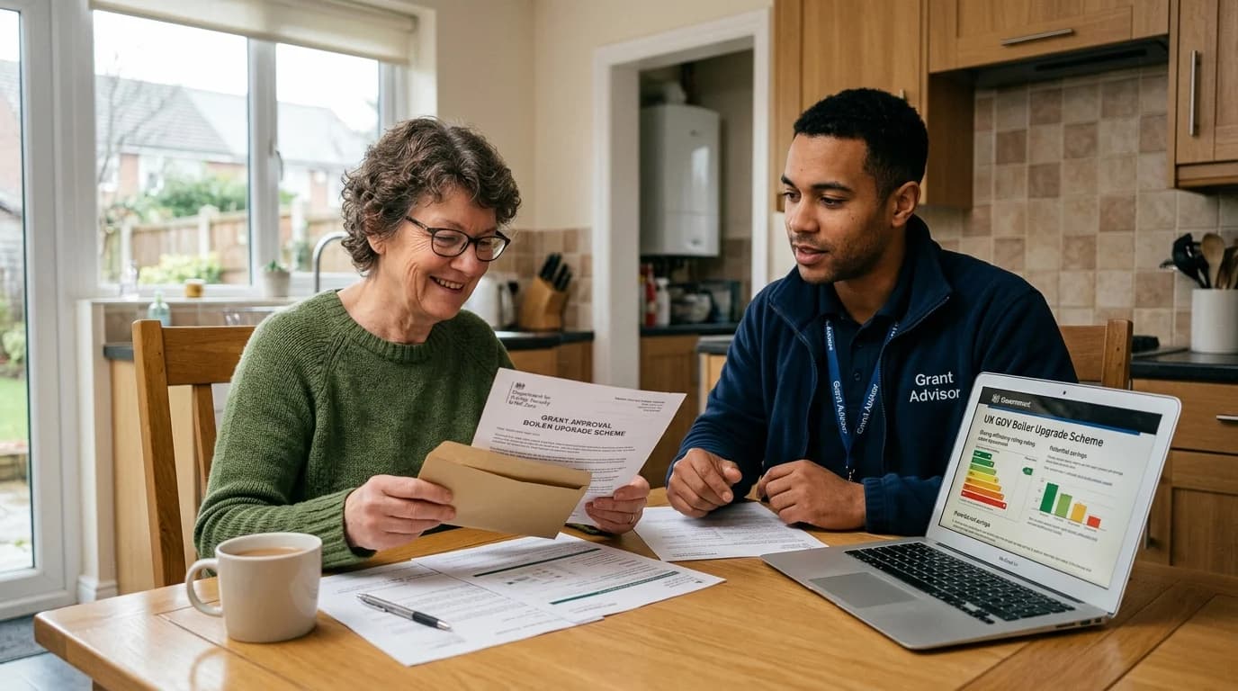 Homeowner reviewing Boiler Upgrade Scheme grant paperwork with an energy advisor