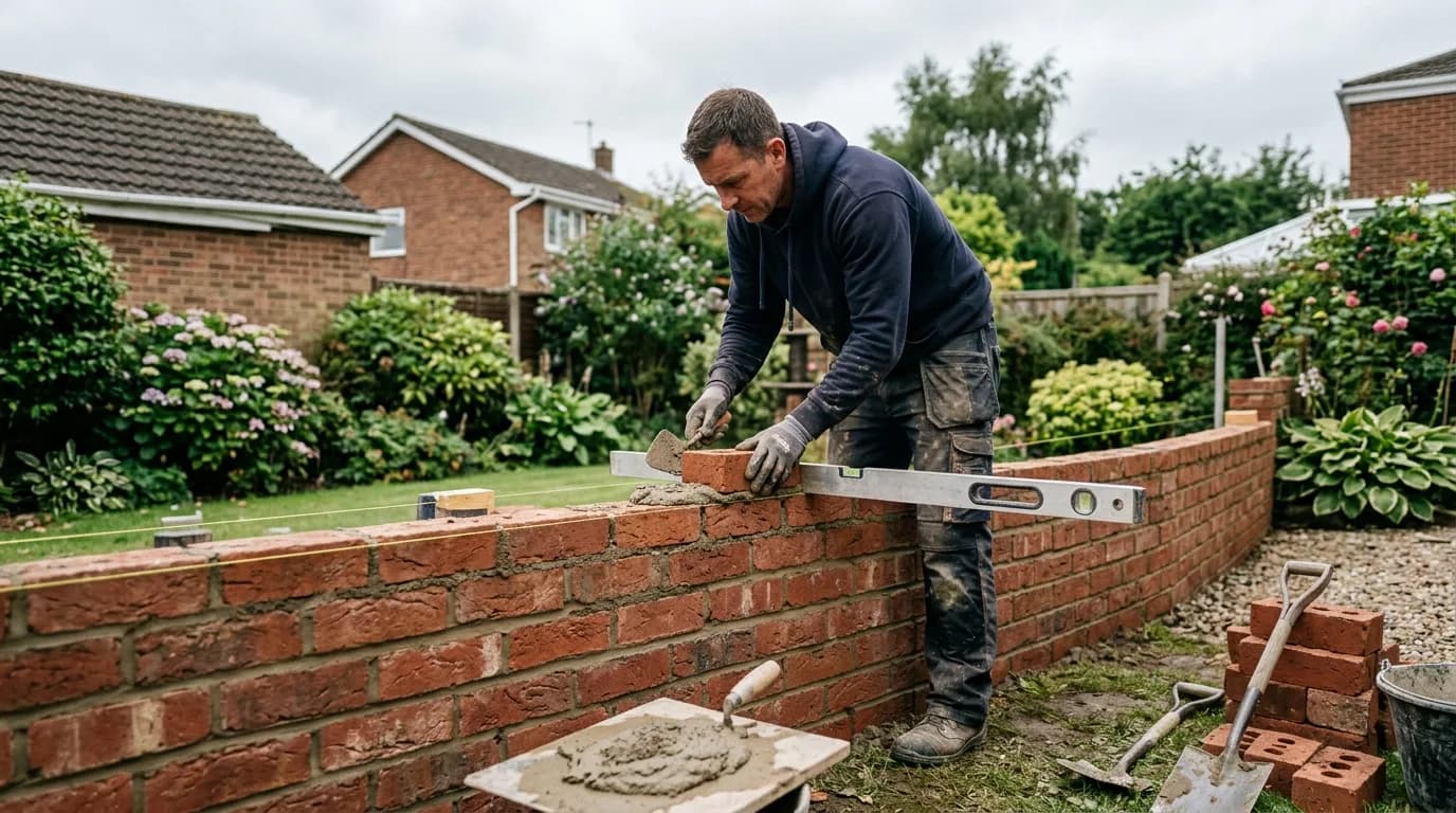 Builder constructing a brick retaining wall in a UK garden