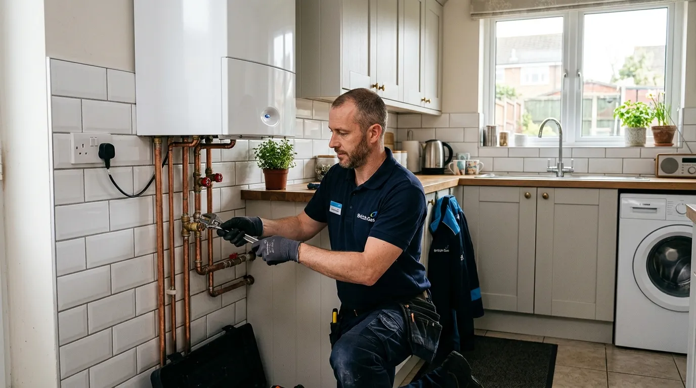 British Gas engineer installing a combi boiler in a UK kitchen