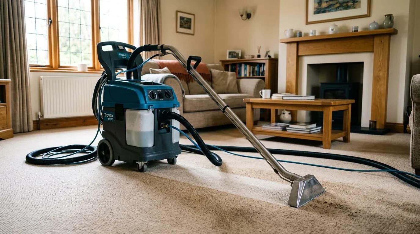 Professional carpet cleaning machine in a living room