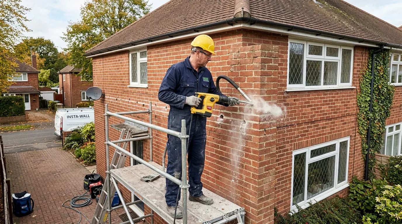 Cavity wall insulation being installed in a UK property