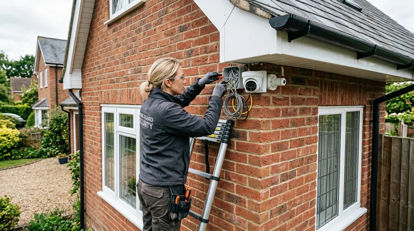 Security engineer installing a CCTV camera on a British house