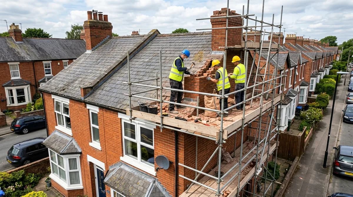 Chimney stack being removed from a British terraced house