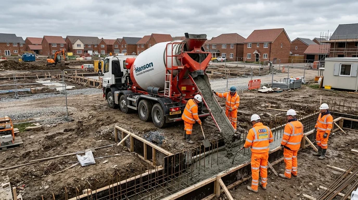 Concrete being poured for foundations at a construction site