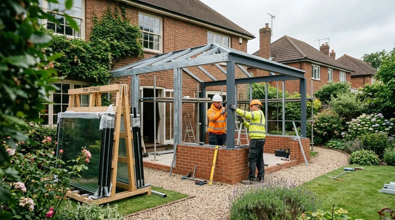 Conservatory frame being erected on a dwarf wall base at a British home