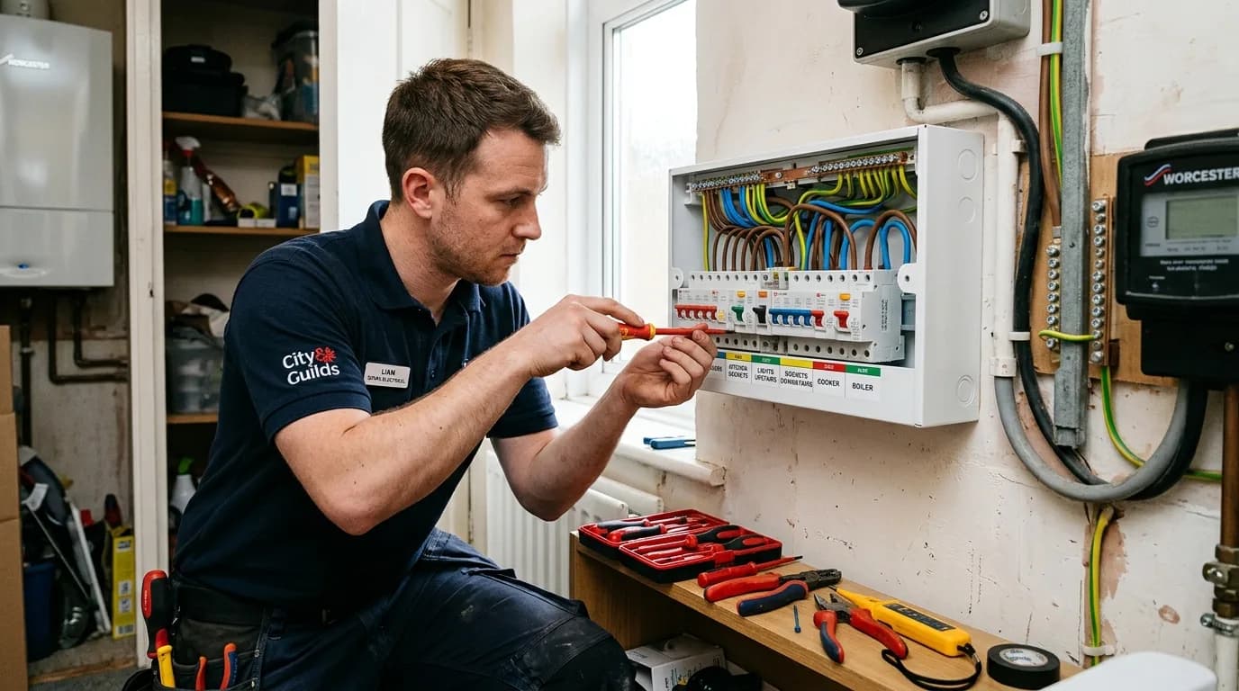 New consumer unit being installed by a certified electrician in a UK home