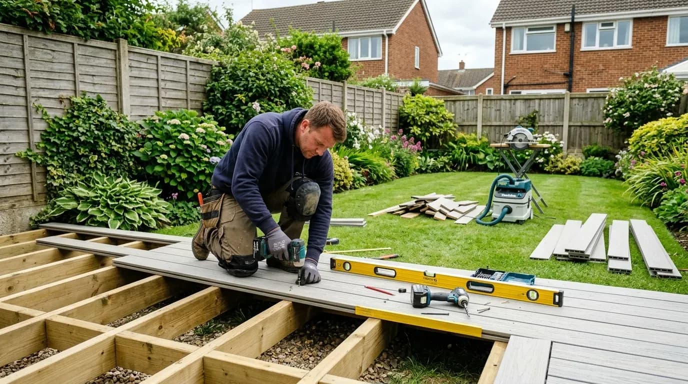 Carpenter installing composite decking boards on a timber subframe in a British garden