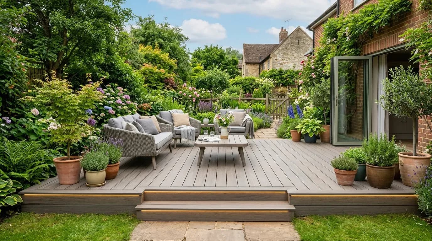 Timber decking area with outdoor furniture in a British back garden