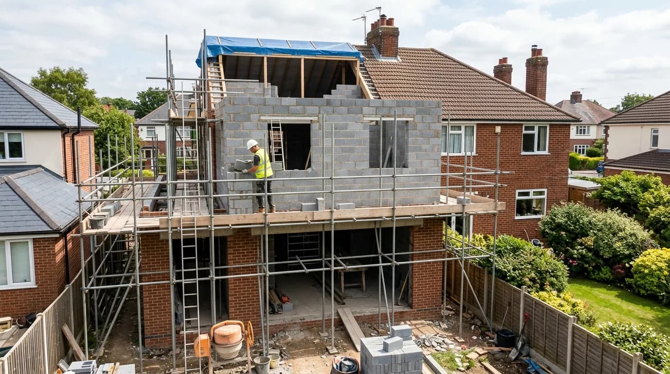 Two storey rear extension under construction on a UK semi-detached house