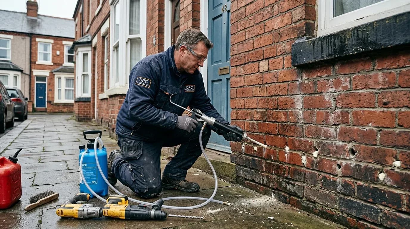 DPC injection being carried out on a brick wall with a series of drilled holes along the mortar course