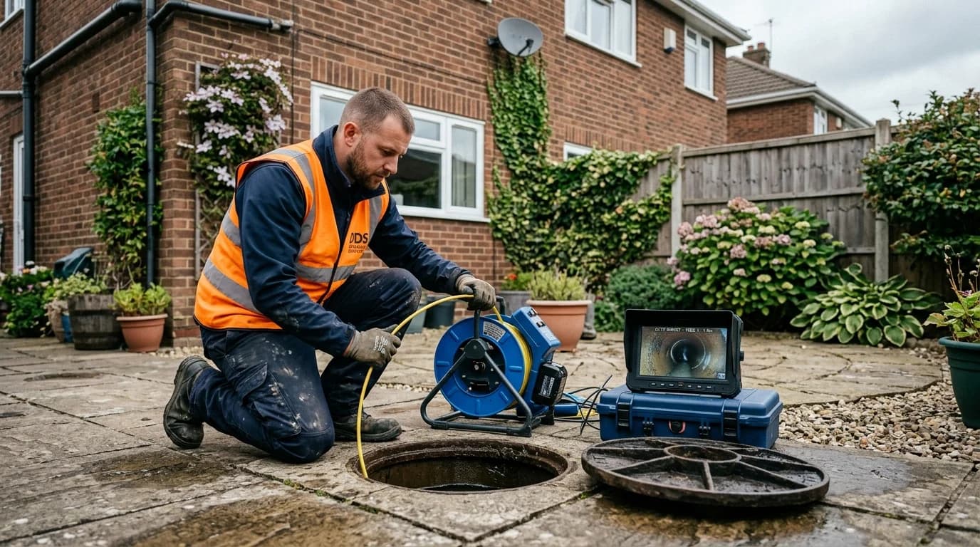 Groundworker installing soakaway crates for surface water drainage at a British home