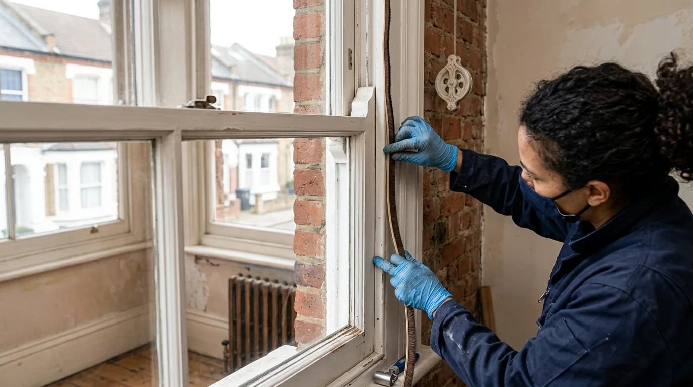Weatherstripping being fitted to a sash window frame in a British Victorian home
