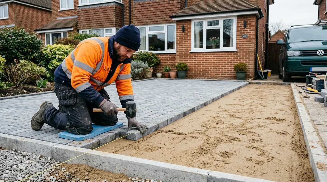 Workers laying a new driveway surface with compacting equipment