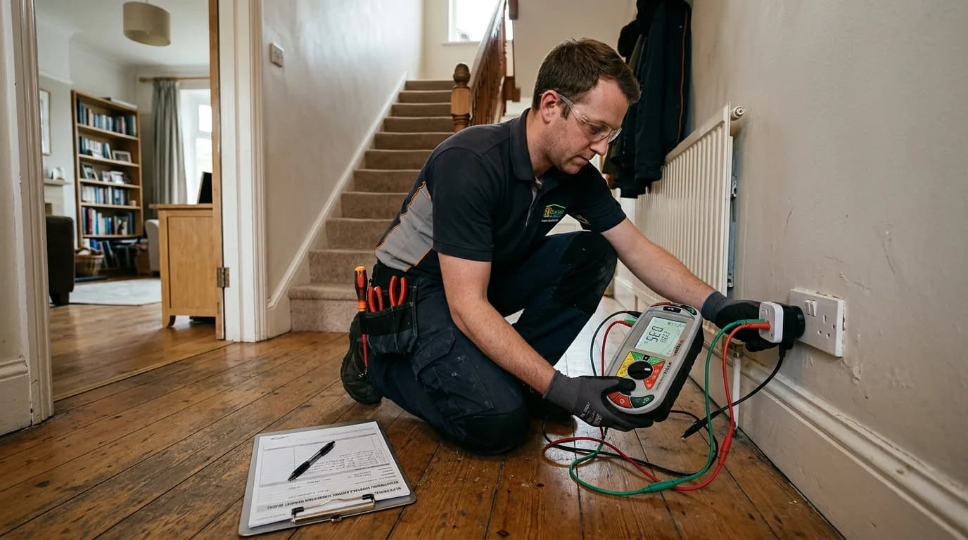Electrician testing a socket with a multifunction tester during an EICR inspection