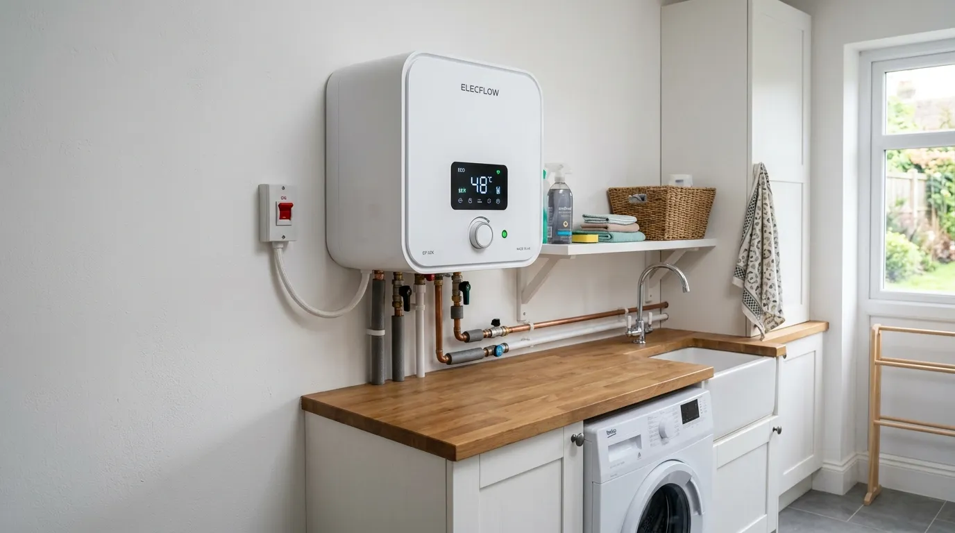 Modern electric boiler installed in a UK utility room