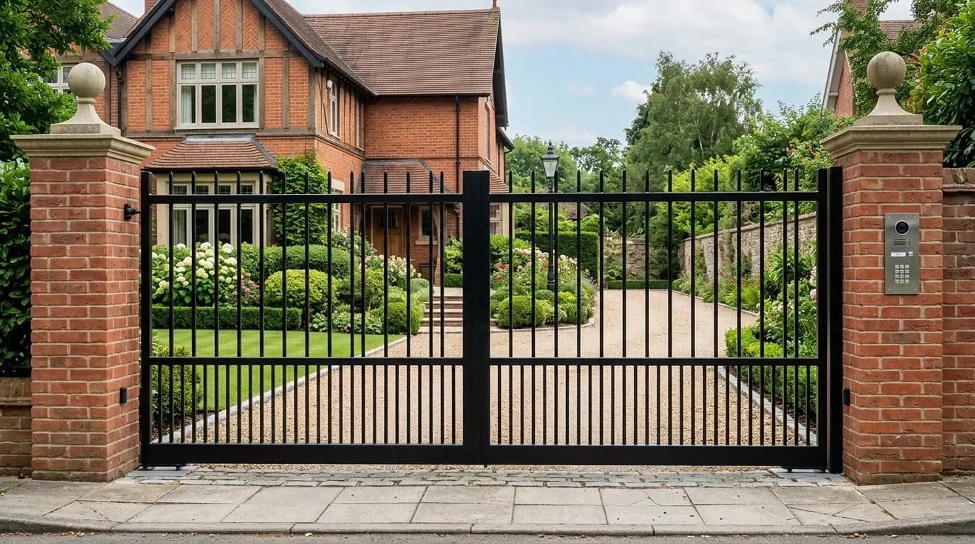 Black electric gates at the entrance to a UK residential driveway