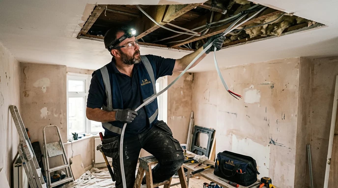 Qualified electrician rewiring a property, working on exposed cables in a UK home