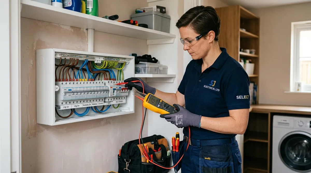 Electrician testing a consumer unit in a British home