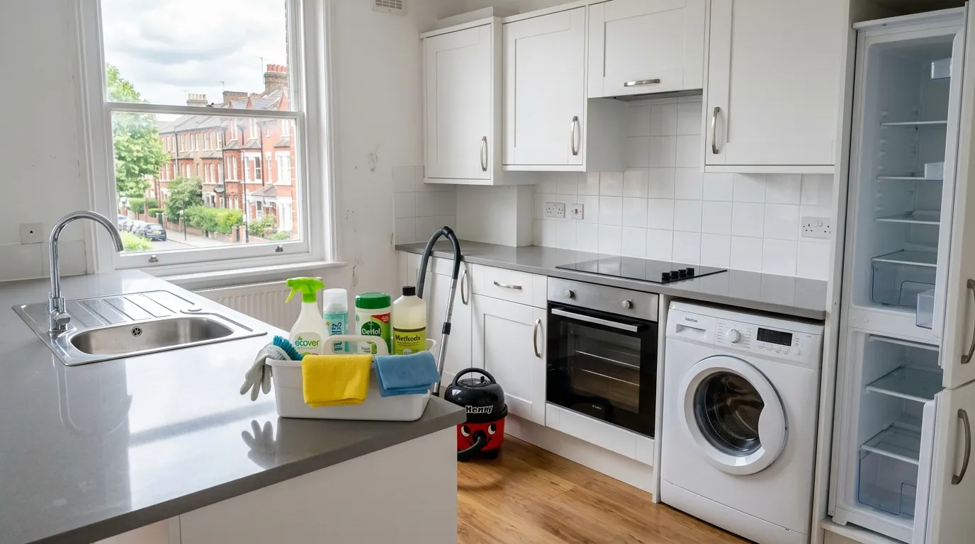 End of tenancy deep clean in a British flat kitchen