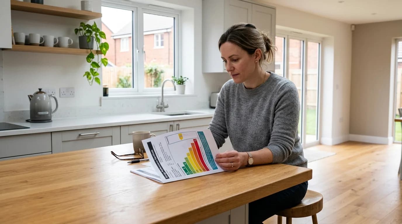Homeowner reviewing an EPC energy performance certificate in a UK kitchen