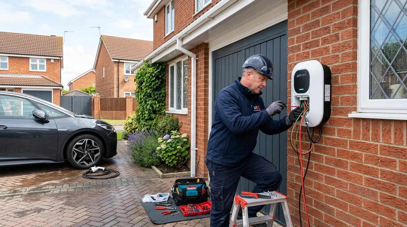 Electrician installing an EV charger on a British house wall