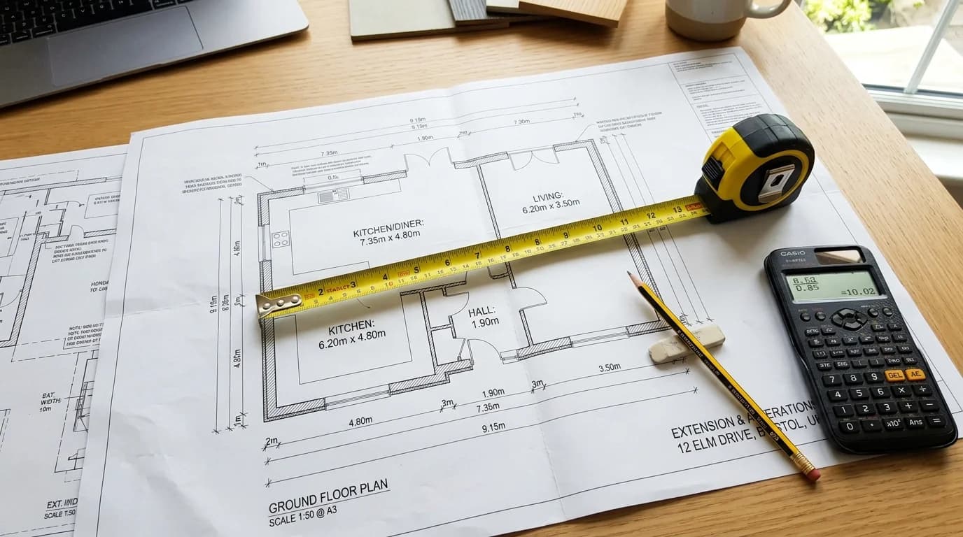 Architectural floor plans with tape measure showing extension dimensions in metres