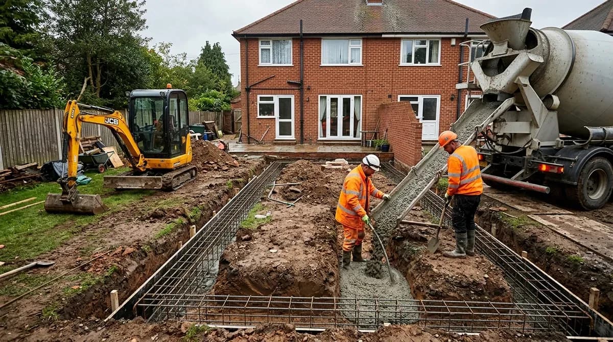 Foundation trenches being dug for a house extension