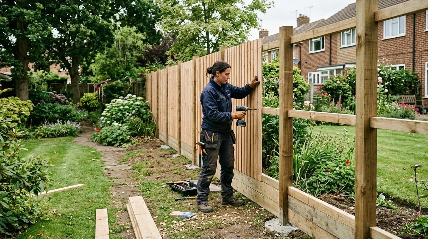 Fencer fitting new timber panels between concrete posts in a UK garden
